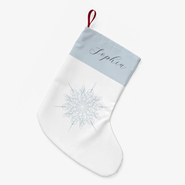 Elegante Ice Blue Snowflake Name Kleiner Weihnachtsstrumpf (Vorderansicht (hängend))