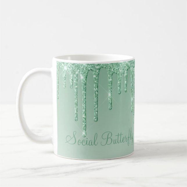 Elegante Ice Green Glitzer Script Sparkle Moderne Kaffeetasse (Links)