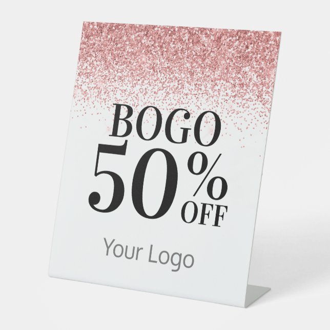 Elegante Ihr Logo Rosa Glitzer BOGO Business Sockelschild (Vorderseite)