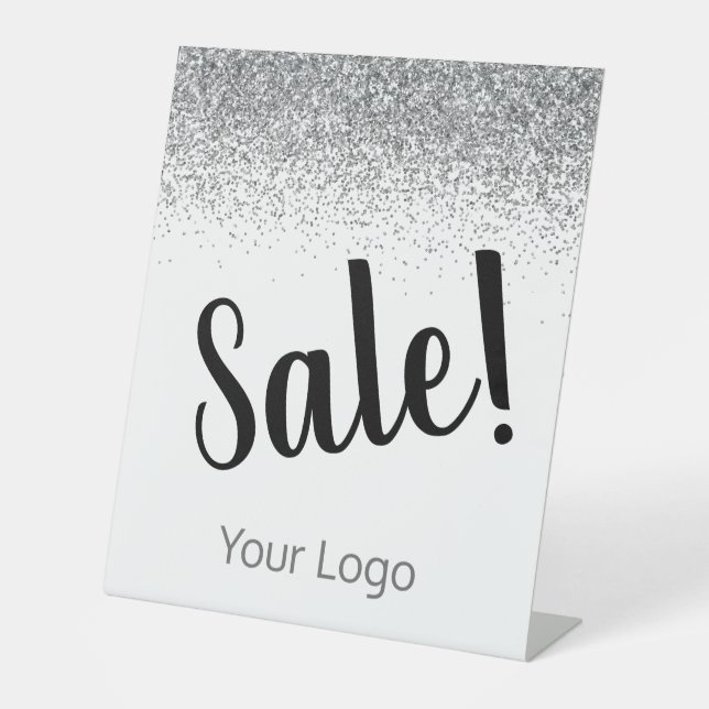 Elegante Ihr Logo Silver Glitzer Sale Business Sockelschild (Vorderseite)
