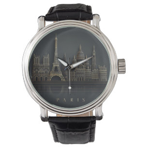 Elegante Illustration der Pariser Skyline in Gold Armbanduhr