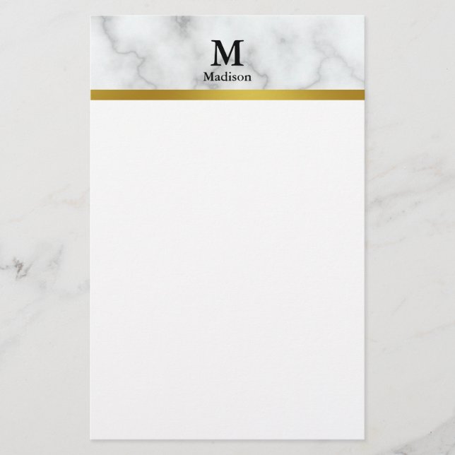 Elegante Imitat Weißer Marmor mit Name und Monogra Briefpapier (Vorderseite)