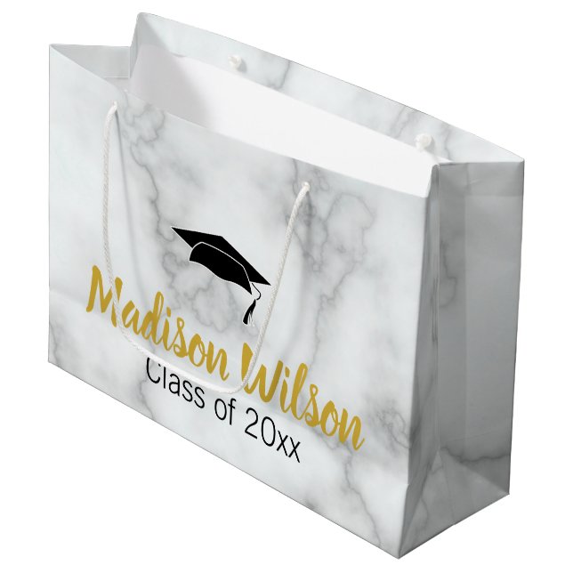 Elegante Imitate Abschluss Graduate Name Weißer Ma Große Geschenktüte (Vorderseite Schrägansicht)