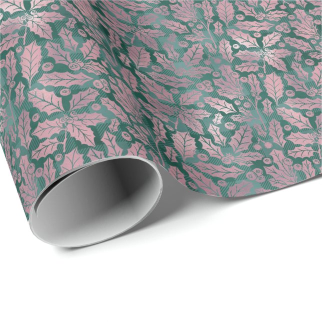Elegante Imitate Foil Christmas Kariert Botanicals Geschenkpapier (Rolleneckpunkt)