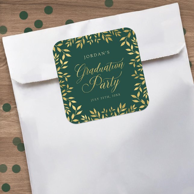 Elegante Imitate Gold Blätter Graduation Party Quadratischer Aufkleber (Von Creator hochgeladen)