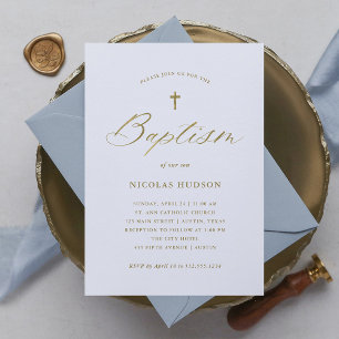 Elegante Imitate Gold Calligraphie und Kreuz   Tau Einladung