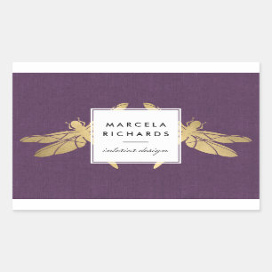 Elegante Imitate Gold Dragonfly Duo auf Lila Linen Rechteckiger Aufkleber
