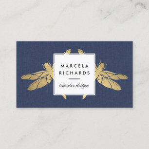 Elegante Imitate Gold Dragonfly Duo auf Navy Linen Visitenkarte