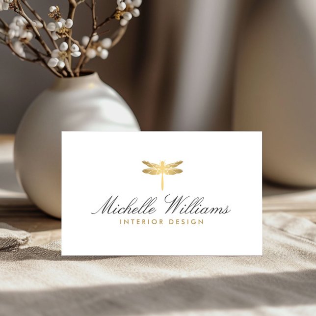 Elegante Imitate Gold Dragonfly Logo auf Weiß Visitenkarte (Von Creator hochgeladen)