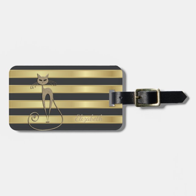 Elegante Imitate Gold Glitterie Cat on Gold Stripe Gepäckanhänger (Vorderseite horizontal)