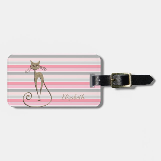 Elegante Imitate Gold Glittery Cat on Stripe Gepäckanhänger (Vorderseite horizontal)