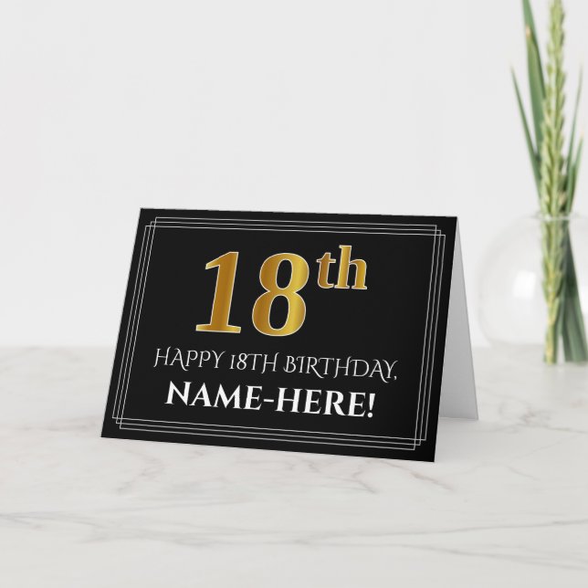 Elegante Imitate Gold Look "18. Geburtstag" + Name Karte (Vorderseite)