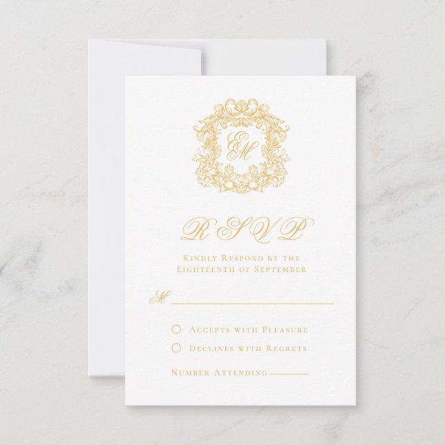 Elegante Imitate Gold Monogram Wappen Script Hochz RSVP Karte (Vorderseite)