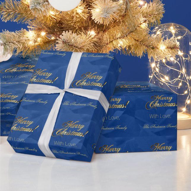 Elegante Imitate Gold Script Merry Christmas Blue Geschenkpapier (Feiertage)