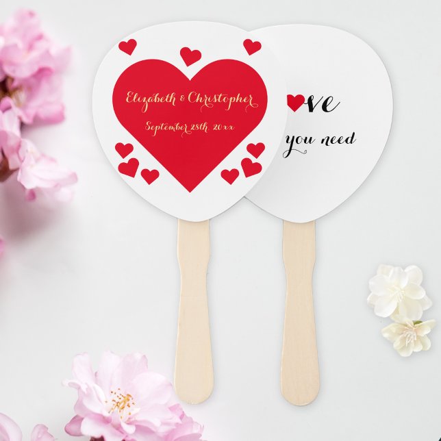 Elegante Imitate Gold Script Red Hearts Summer Wed Fächer (Elegant Faux Gold Script Red Hearts Summer Wedding Hand Fan)