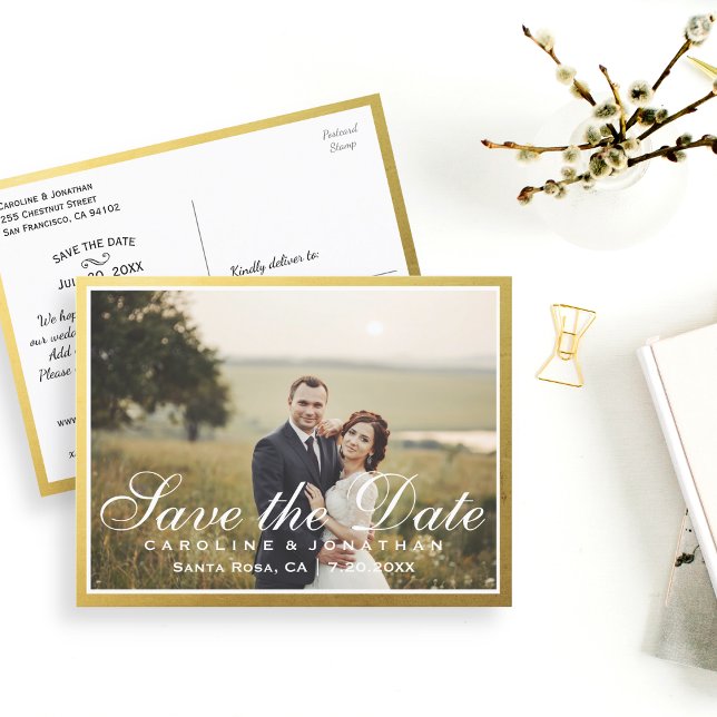 Elegante Imitate Gold Script Save the Date mit Fot Ankündigungspostkarte (Von Creator hochgeladen)