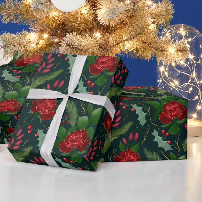 Elegante Imitate goldene Aquarellfarben Rose Kiefe Geschenkpapier (Feiertage)