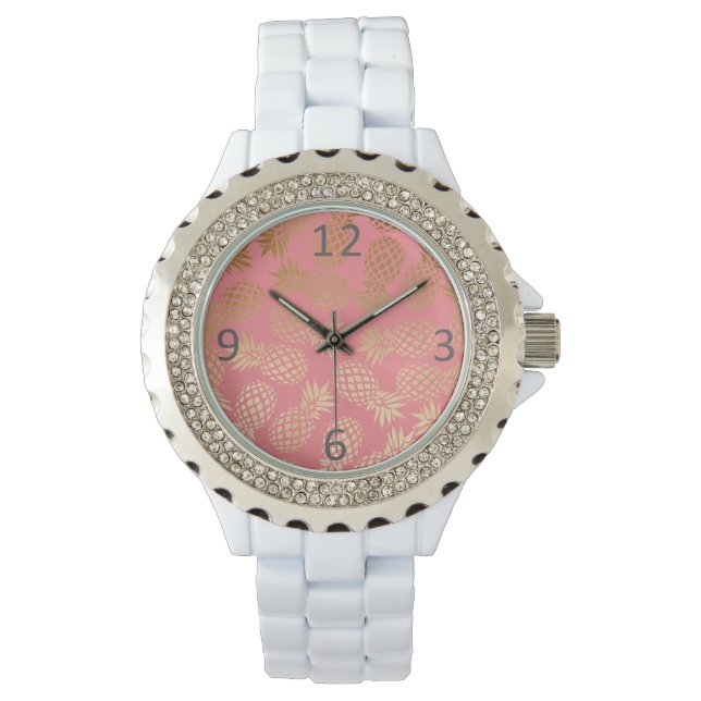 elegante Imitate goldenes tropisches Ananas-Muster Armbanduhr (Vorderseite)