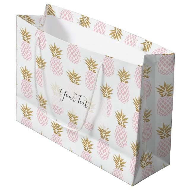 Elegante Imitate goldenes tropisches Ananas-Muster Große Geschenktüte (Vorderseite Schrägansicht)