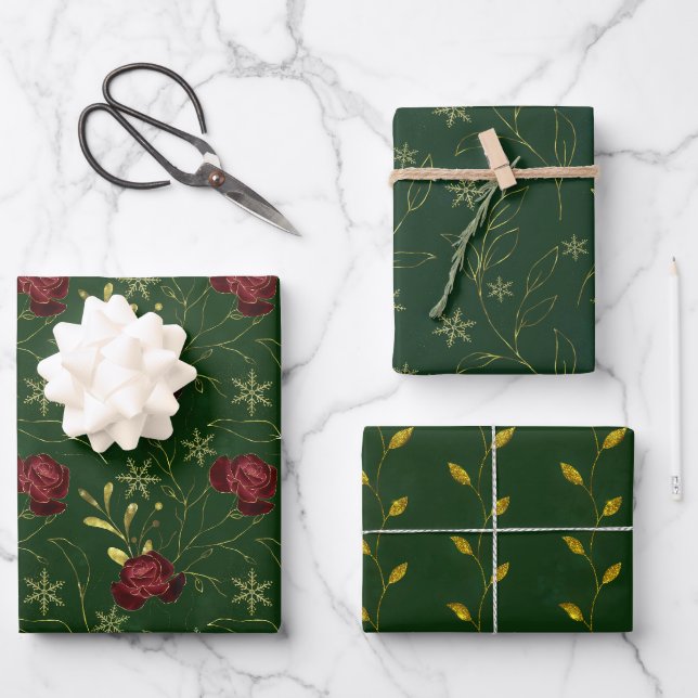 Elegante Imitate goldgrüne blühende Aquarellfarben Geschenkpapier Set (Vorderseite)