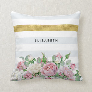 Elegante IMITATE Goldrand mit rosa Rosen und Namen Kissen
