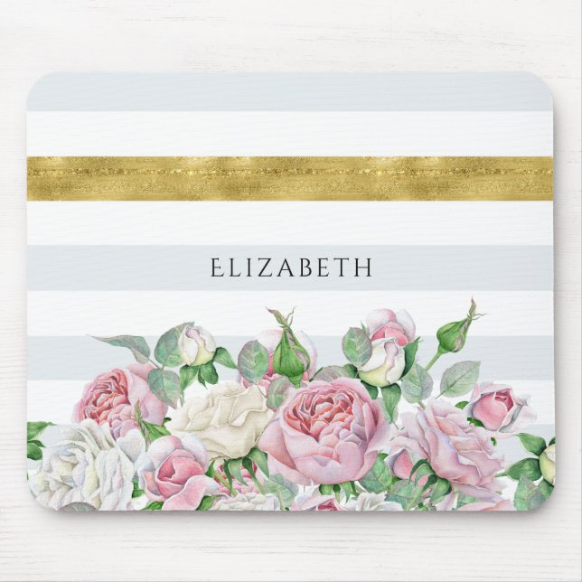 Elegante IMITATE Goldrand mit rosa Rosen und Namen Mousepad (Vorne)