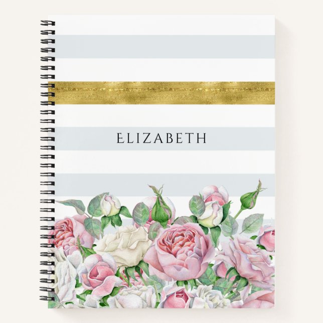 Elegante IMITATE Goldrand mit rosa Rosen und Namen Notizbuch (Vorderseite)