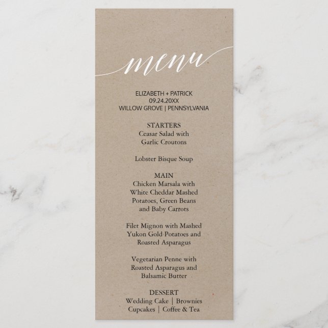 Elegante Imitate Kraft Calligraphy Dinner Menu Car Menükarte (Vorderseite)