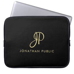 Elegante Imitate Monogramm Gold & Black Typografy Laptopschutzhülle