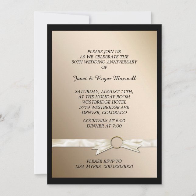 Elegante Imitate Ribbon Golden Wedding Jubiläum Einladung (Vorderseite)