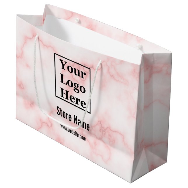 Elegante Imitate Rosa Marmor Ihr Logo hier Große Geschenktüte (Vorderseite Schrägansicht)