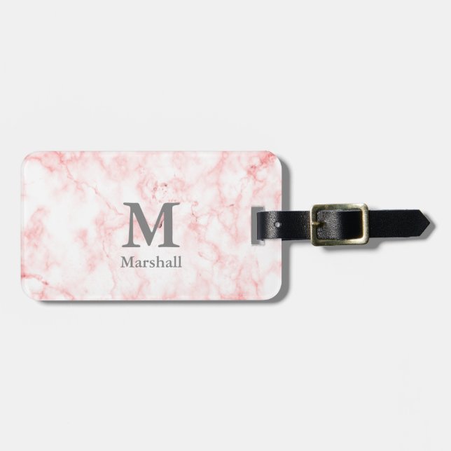 Elegante Imitate Rosa Marmorname und Monogramm Gepäckanhänger (Vorderseite horizontal)