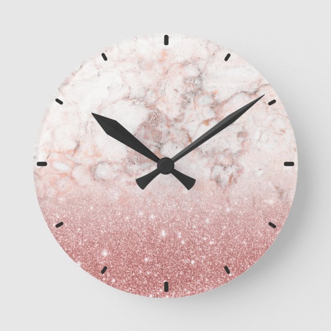 Elegante Imitate Rose Gold Glitzer Weißer Marmor O Runde Wanduhr (Vorderseite)