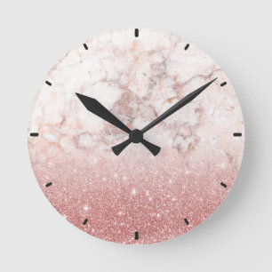 Elegante Imitate Rose Gold Glitzer Weißer Marmor  Runde Wanduhr