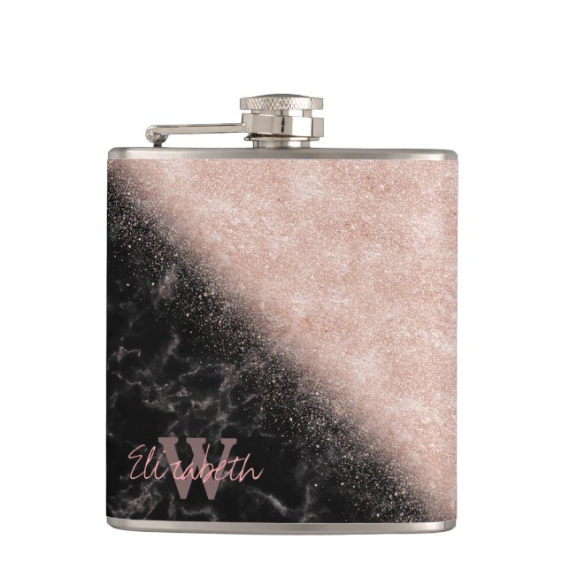 Elegante Imitate Rose Gold Konfetti Schwarz Marmor Flachmann (Vorderseite)