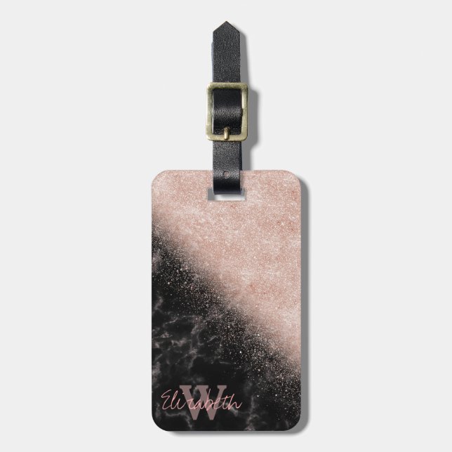 Elegante Imitate Rose Gold Konfetti Schwarz Marmor Gepäckanhänger (Vorderseite vertikal)