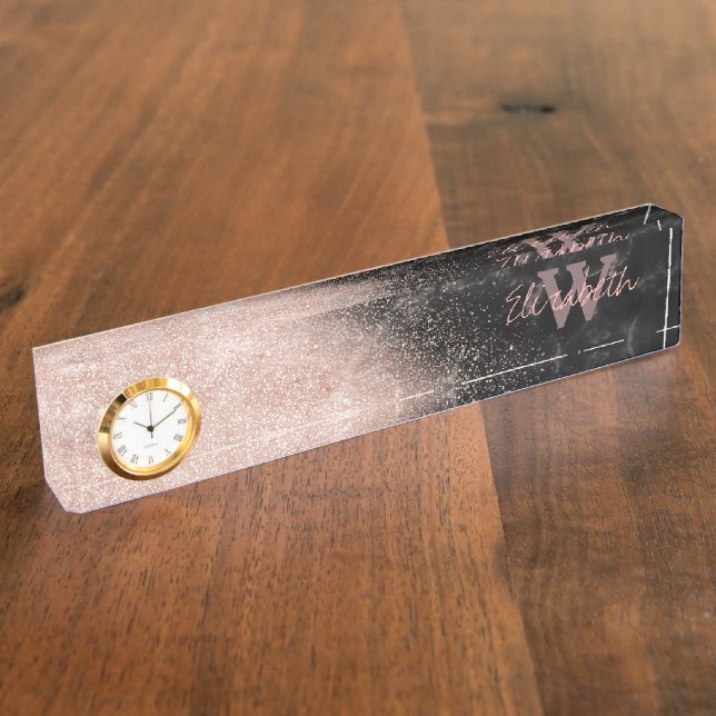 Elegante Imitate Rose Gold Konfetti Schwarz Marmor Namensplakette (Seite)