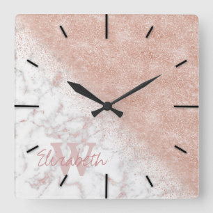 Elegante Imitate Rose Gold Konfetti, weißes Marmo Quadratische Wanduhr