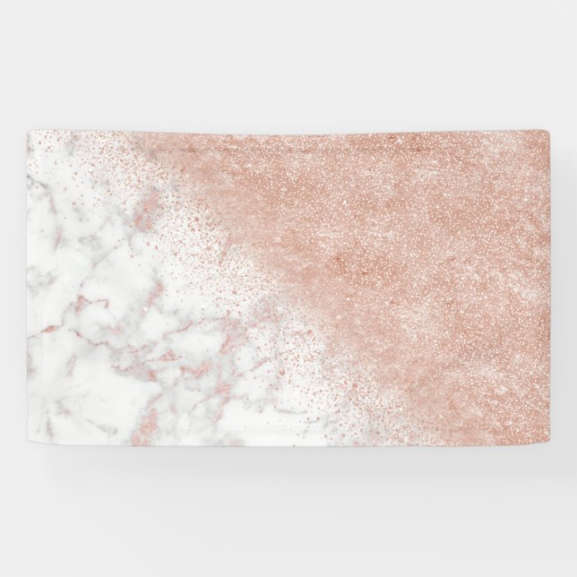 Elegante Imitate Rose Gold Konfetti, weißes Marmor Banner (Horizontal)
