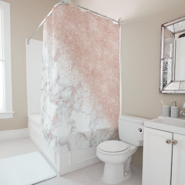 Elegante Imitate Rose Gold Konfetti, weißes Marmor Duschvorhang (Beispiel)