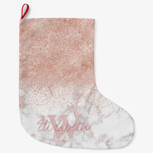 Elegante Imitate Rose Gold Konfetti, weißes Marmor Großer Weihnachtsstrumpf (Vorderseite)