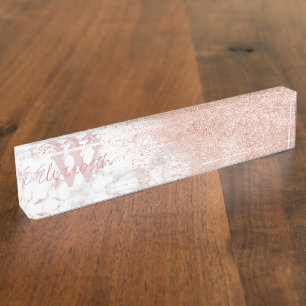 Elegante Imitate Rose Gold Konfetti, weißes Marmor Namensplakette