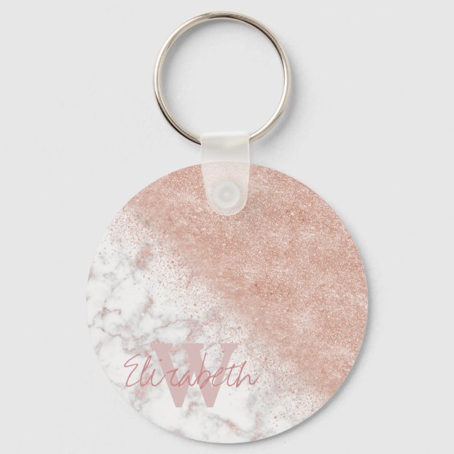 Elegante Imitate Rose Gold Konfetti, weißes Marmor Schlüsselanhänger (Vorderseite)