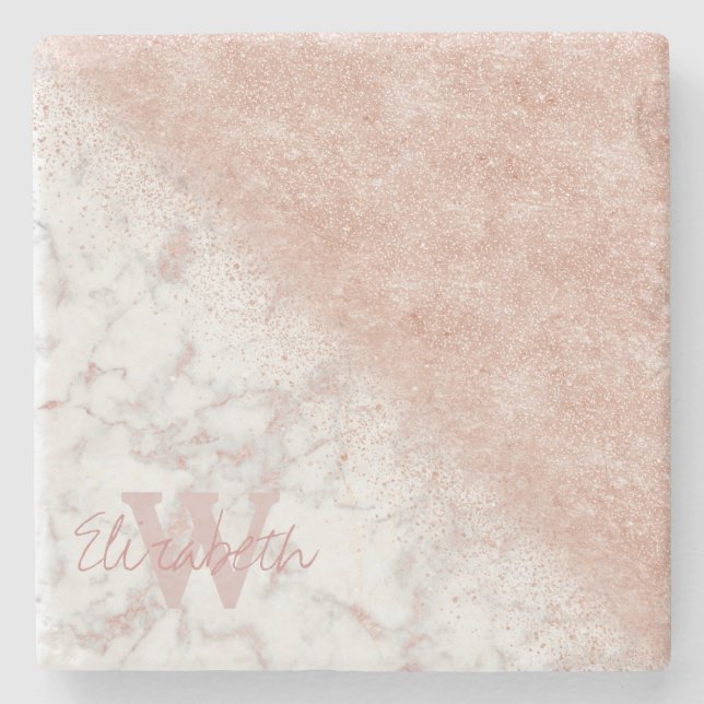 Elegante Imitate Rose Gold Konfetti, weißes Marmor Steinuntersetzer (Vorderseite)