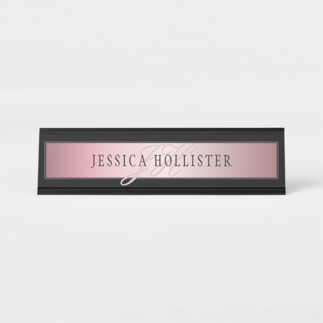 Elegante Imitate Rose Gold | Name & Initialen Schreibtischnamensplakette (Vorderseite )