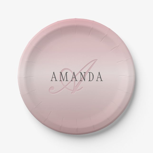 Elegante Imitate Rose Gold | Name und Monogramm Pappteller (Vorderseite)