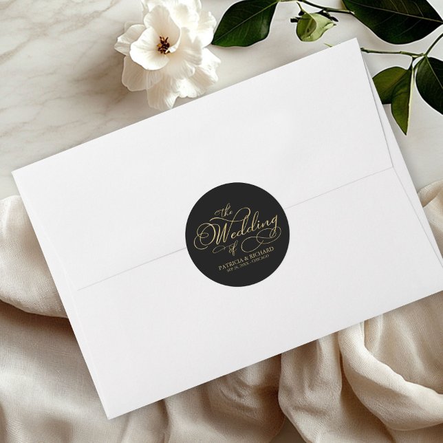 Elegante Imitate Schwarze Goldkalligraphie Hochzei Runder Aufkleber (Von Creator hochgeladen)