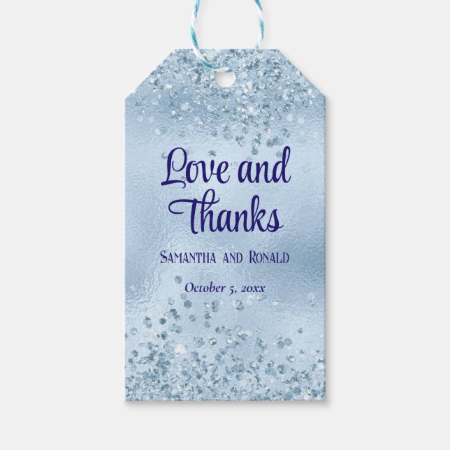 Elegante Imitats Baby Blue Glitzer and Foil Weddin Geschenkanhänger (Vorderseite)