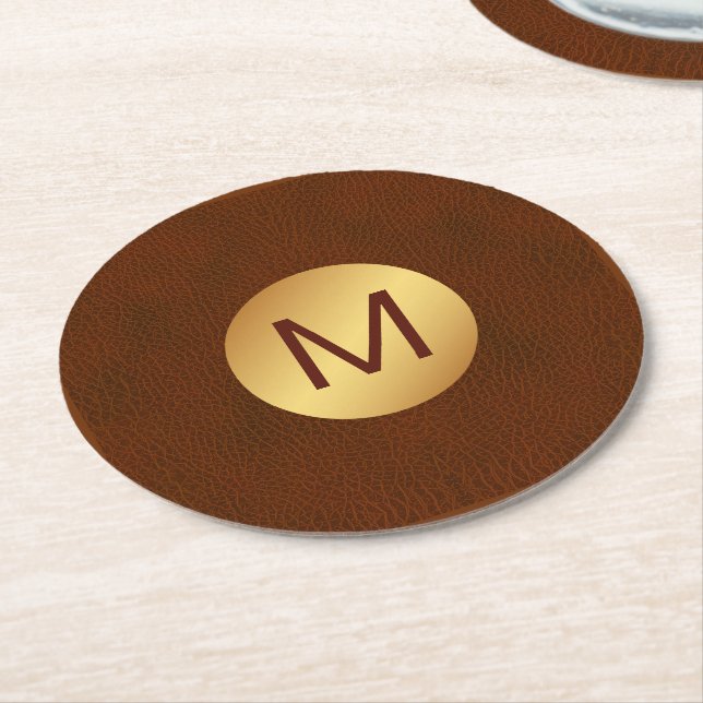 Elegante Imitats Brawn Texture & Gold Erstname Runder Pappuntersetzer (Angewinkelt)