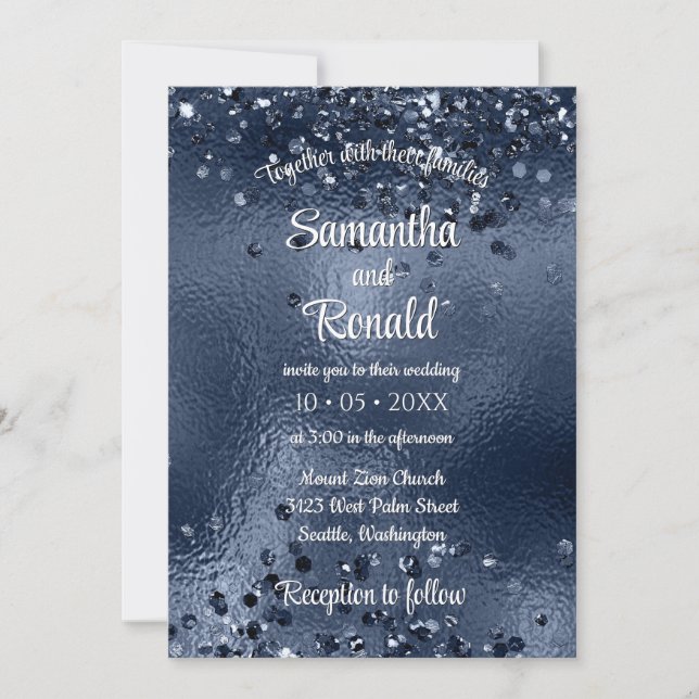 Elegante Imitats Dark Blue Glitzer & Foil Wedding Einladung (Vorderseite)